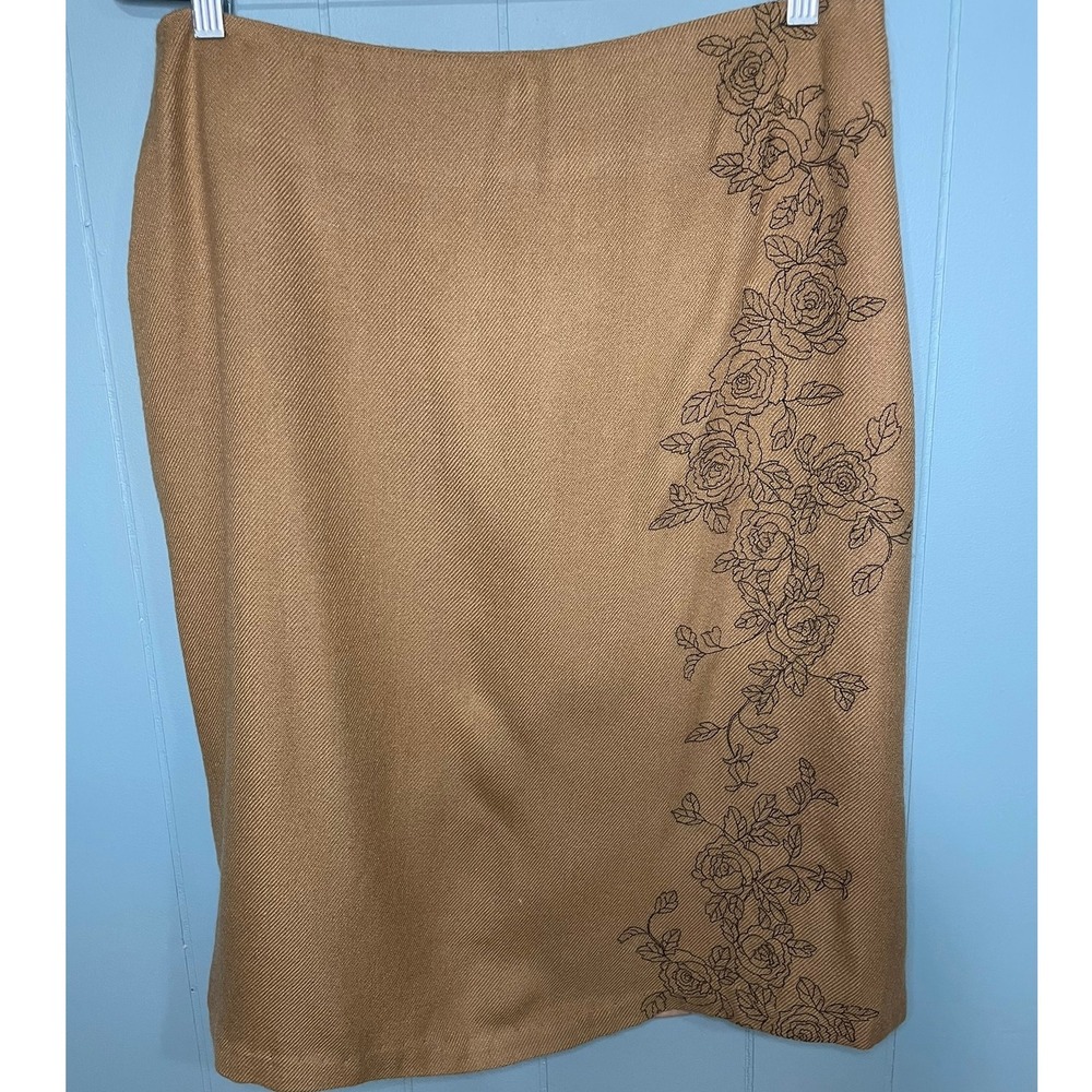 Tan Pencil Skirt with Floral Embroidery